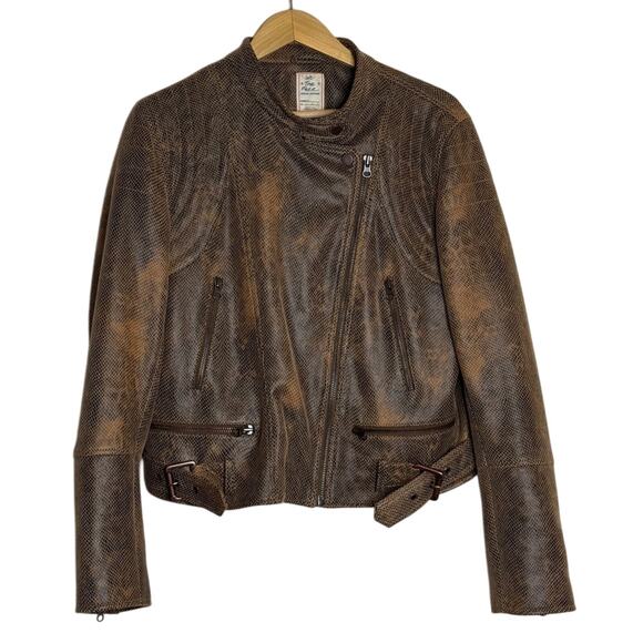 Free People Distressed Snake Fenix Faux-Leather Moto Jacket Brown Size L - Picture 1 of 5